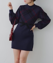 【RMAF】チェック切替ニットミニワンピ