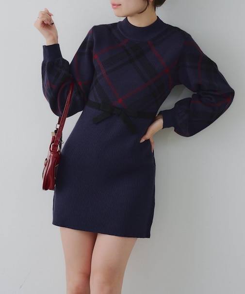 【RMAF】チェック切替ニットミニワンピ