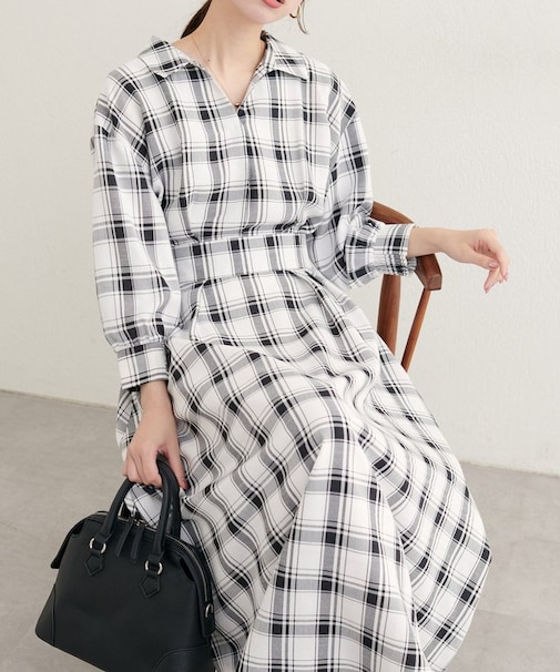 【natural couture】スキッパー衿７部袖ワンピース