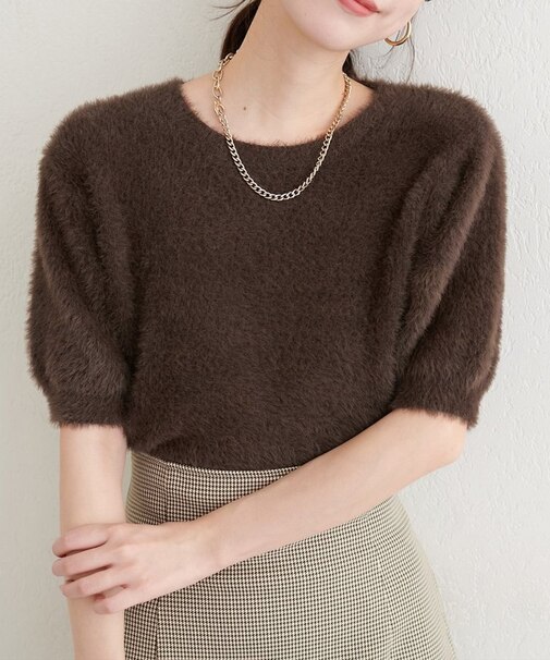 【natural couture】フェザーヤーン半袖ニットプルオーバー