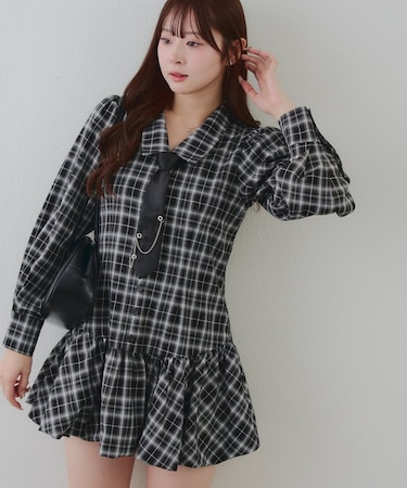 春item先行販売?【RMAF】ネクタイ付裾バルーンミニワンピ