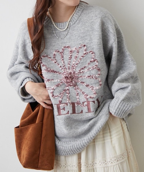 ブラシヤーンお花ジャガードニット