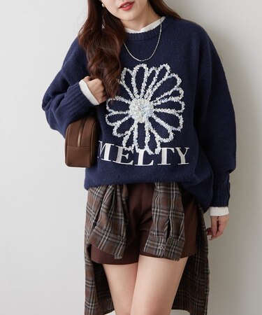 ブラシヤーンお花ジャガードニット