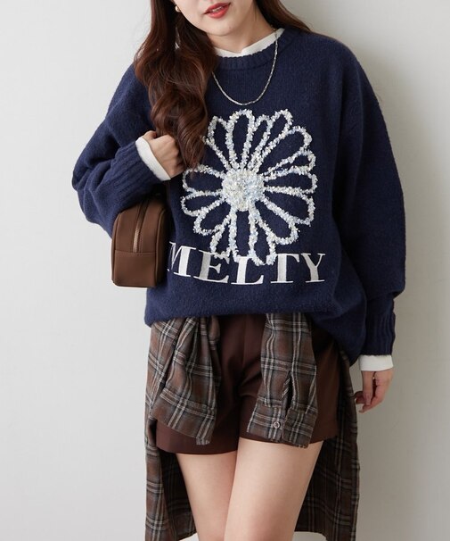 ブラシヤーンお花ジャガードニット