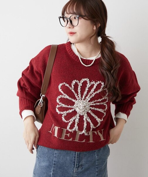 ブラシヤーンお花ジャガードニット