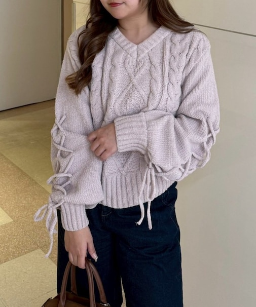 レースアップモールケーブルニット