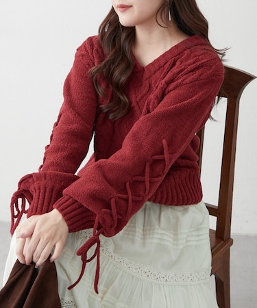 レースアップモールケーブルニット