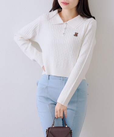 【RMAF】くま刺繍ケーブルポロニット