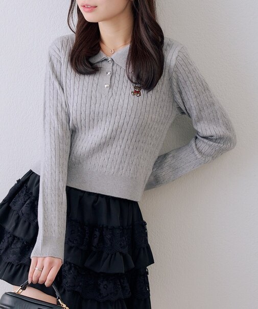 【RMAF】くま刺繍ケーブルポロニット