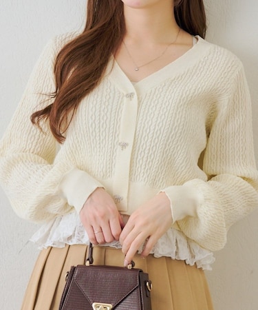 裾レースリボン釦カーディガン
