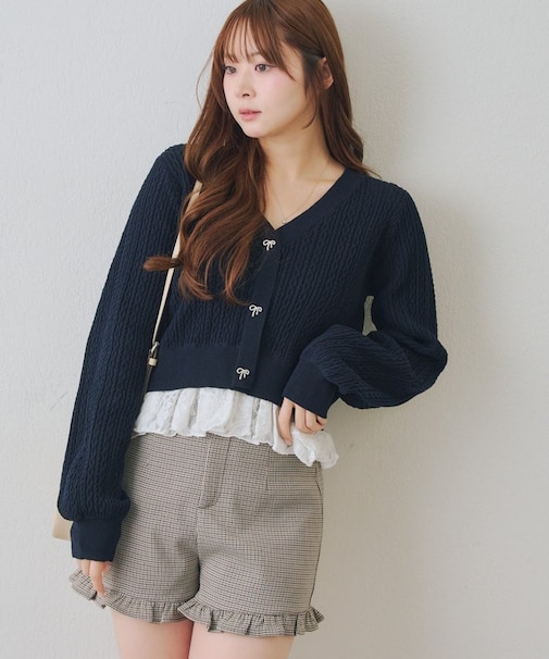 裾レースリボン釦カーディガン