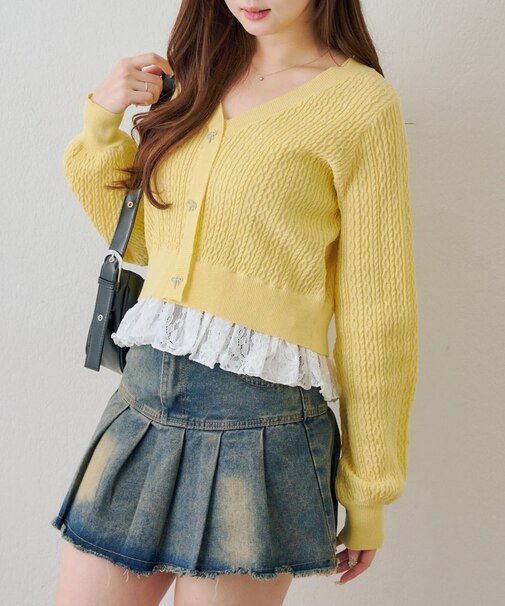 裾レースリボン釦カーディガン