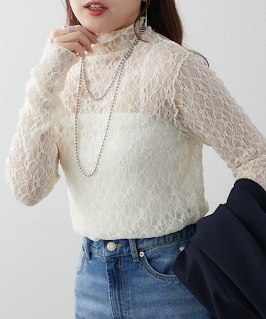 伸縮性バツグン！レースボトルネックプルオーバー