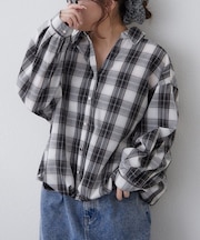 後ろレースアップ、チェックタケノコブラウス