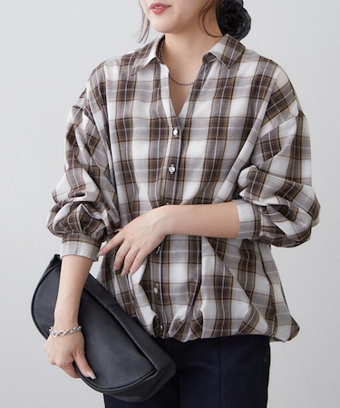 後ろレースアップ、チェックタケノコブラウス