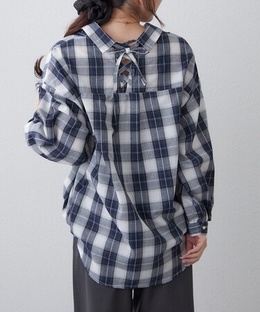 後ろレースアップ、チェックタケノコブラウス