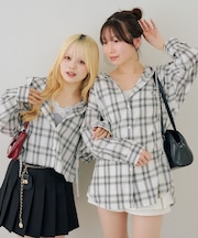 【RMAF】丈違いチェックフードレース付ブラウス