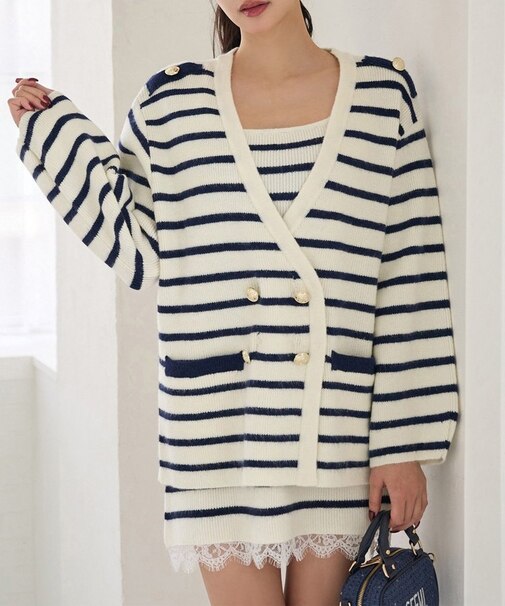 【Seemi】２枚セットボーダーニットワンピース