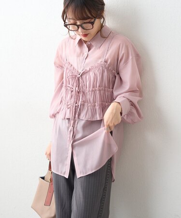 ビスチェ付きシアーラメシャツブラウス