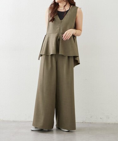 【オンオフ使える】【上下2枚SET】WZIPペプラムジレ&ワイドパンツ