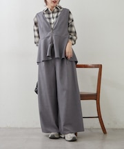 【オンオフ使える】【上下2枚SET】WZIPペプラムジレ&ワイドパンツ