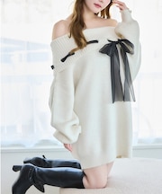 【one after another】リボン付きオフショルニットワンピ