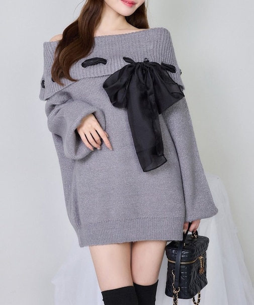 【one after another】リボン付きオフショルニットワンピ