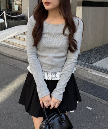 【トレンドライク】キラロゴ裾レーステレコトップス