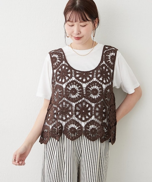 【きれいめカジュアルセットアイテム】かぎ針ベスト&Tシャツ