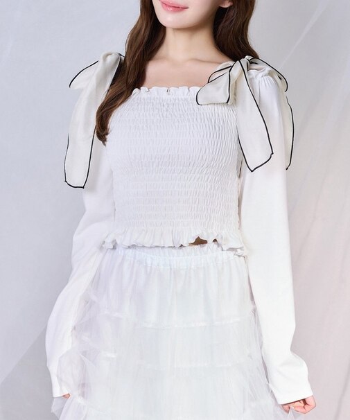 【one after another】肩リボンシャーリングトップス