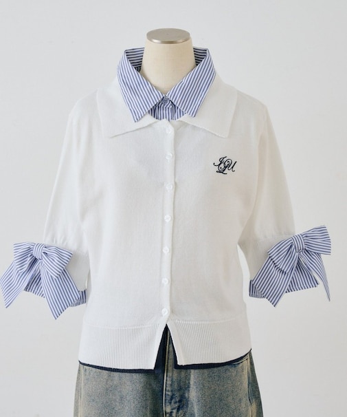 【ANOTHER BRANCH】袖のリボンがトレンド見え?2枚衿ドッキングニット