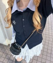 【ANOTHER BRANCH】袖のリボンがトレンド見え?2枚衿ドッキングニット