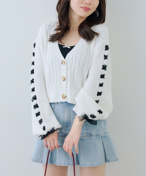 袖レースアップカーデ