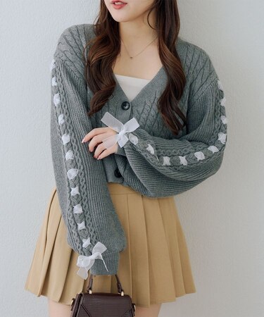 袖レースアップカーデ