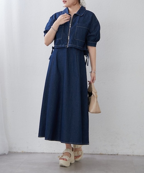 【きれいめセットアップ】デニム5分袖ブルゾン＋キャミワンピース
