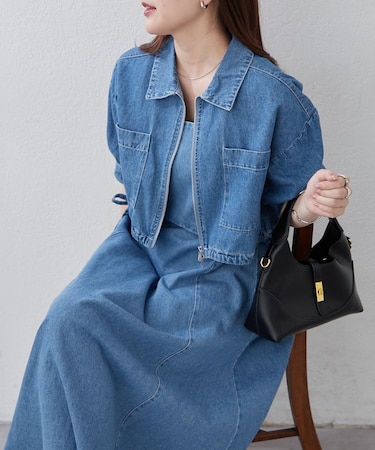 【きれいめセットアップ】デニム5分袖ブルゾン＋キャミワンピース