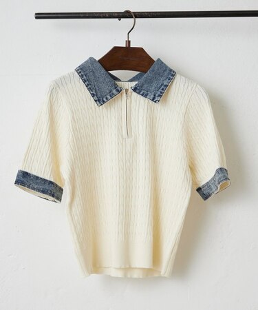 【きれいめカジュアルマストアイテム】デニム切替ハーフZIPプルオーバー