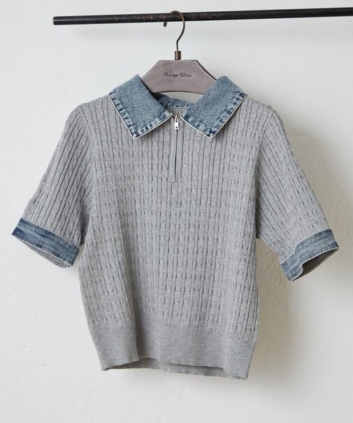 【きれいめカジュアルマストアイテム】デニム切替ハーフZIPプルオーバー