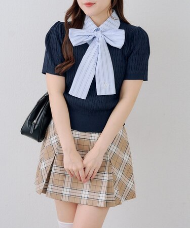 【continuer】リボン取り外し可能！ケーブル半袖ニット