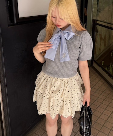 【continuer】リボン取り外し可能！ケーブル半袖ニット