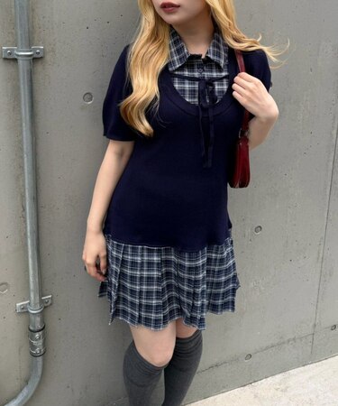 【continuer】裾プリーツドッキングニットワンピース