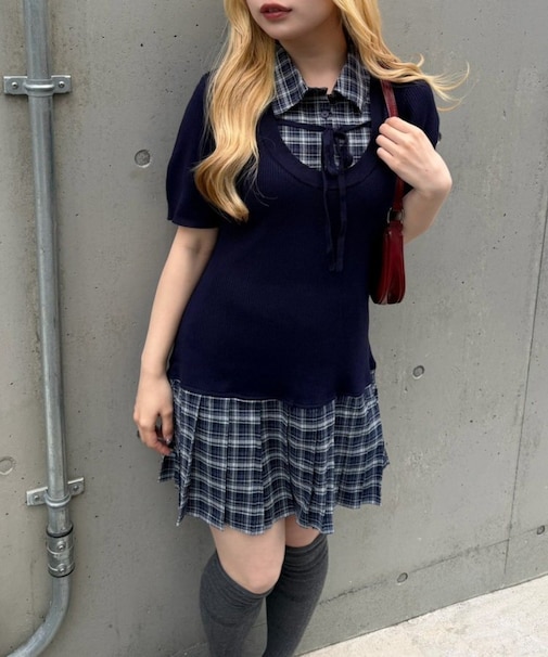 【continuer】裾プリーツドッキングニットワンピース