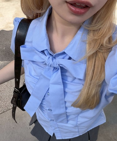 【continuer】胸ギャザーリボンタイブラウス