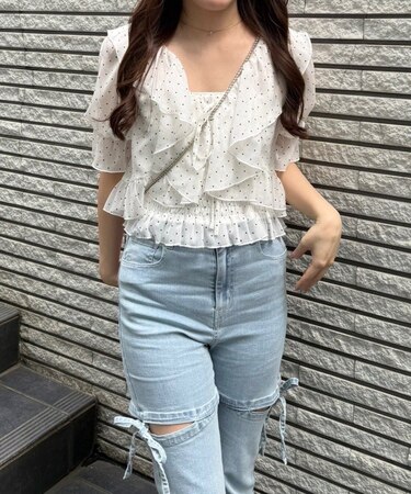 【continuer】5分袖ラッフルブラウス&シャーリングキャミ