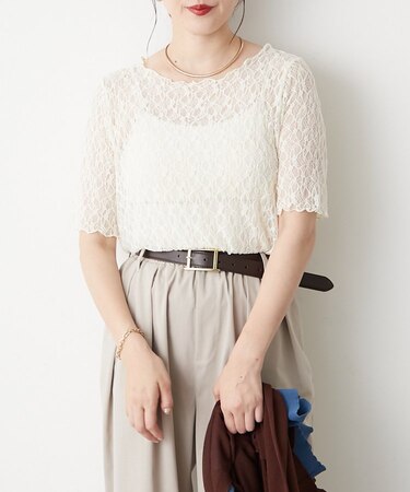 インナー使いにぴったり、クルーネックレースプルオーバー