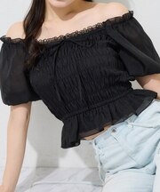 【one after another】シャーリング細リボンブラウス／レース付