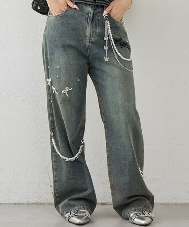 【continuer】【サイズ展開あり】リボンビジューチャーム付きワイドパンツ