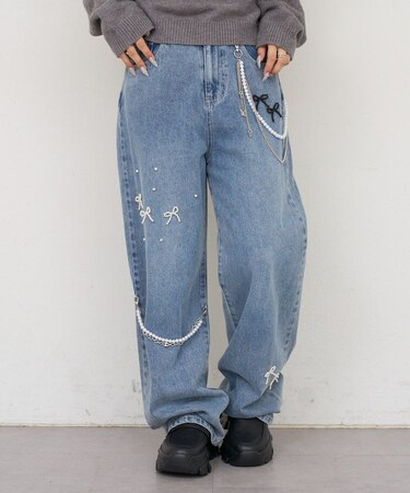 【continuer】【サイズ展開あり】リボンビジューチャーム付きワイドパンツ