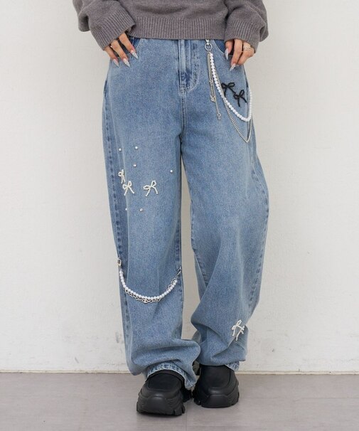 【continuer】【サイズ展開あり】リボンビジューチャーム付きワイドパンツ
