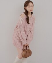 【continuer】ハートケーブル肩開きリボンニットワンピ